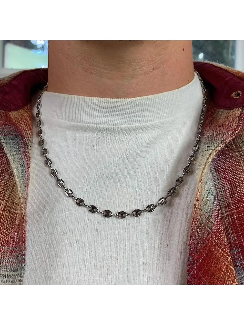 Y2k Cyber Vintage 2000s style Coffee Bean Stainless Steel Silver Necklace. High